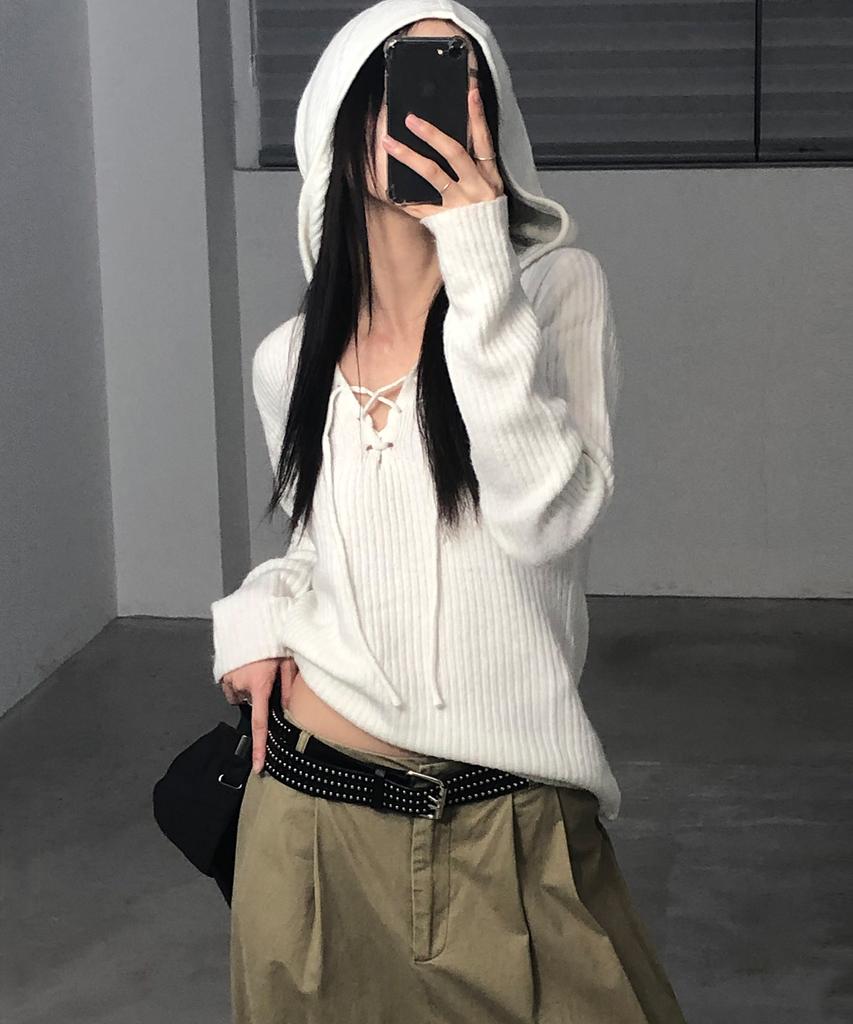 CHICKS Ribbed Slim Fit Hoodie Knit White