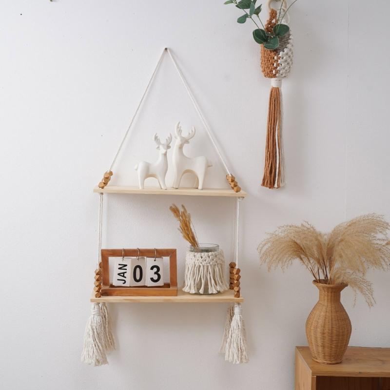 Unique Decorative Floating Tassels Shelf Wood Wall Mounted Storage Rack for Living Room Stylish Bedroom Organizer