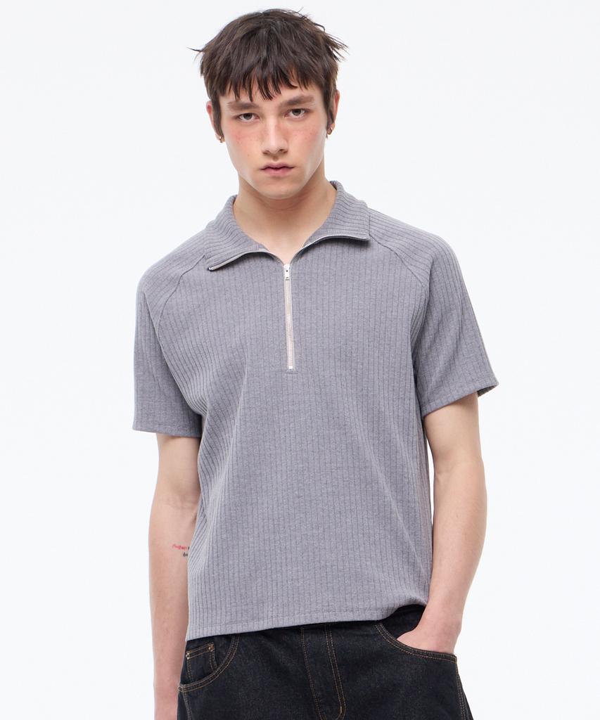 LEARVE Wide Ribbed Half Zip T-Shirt Gray