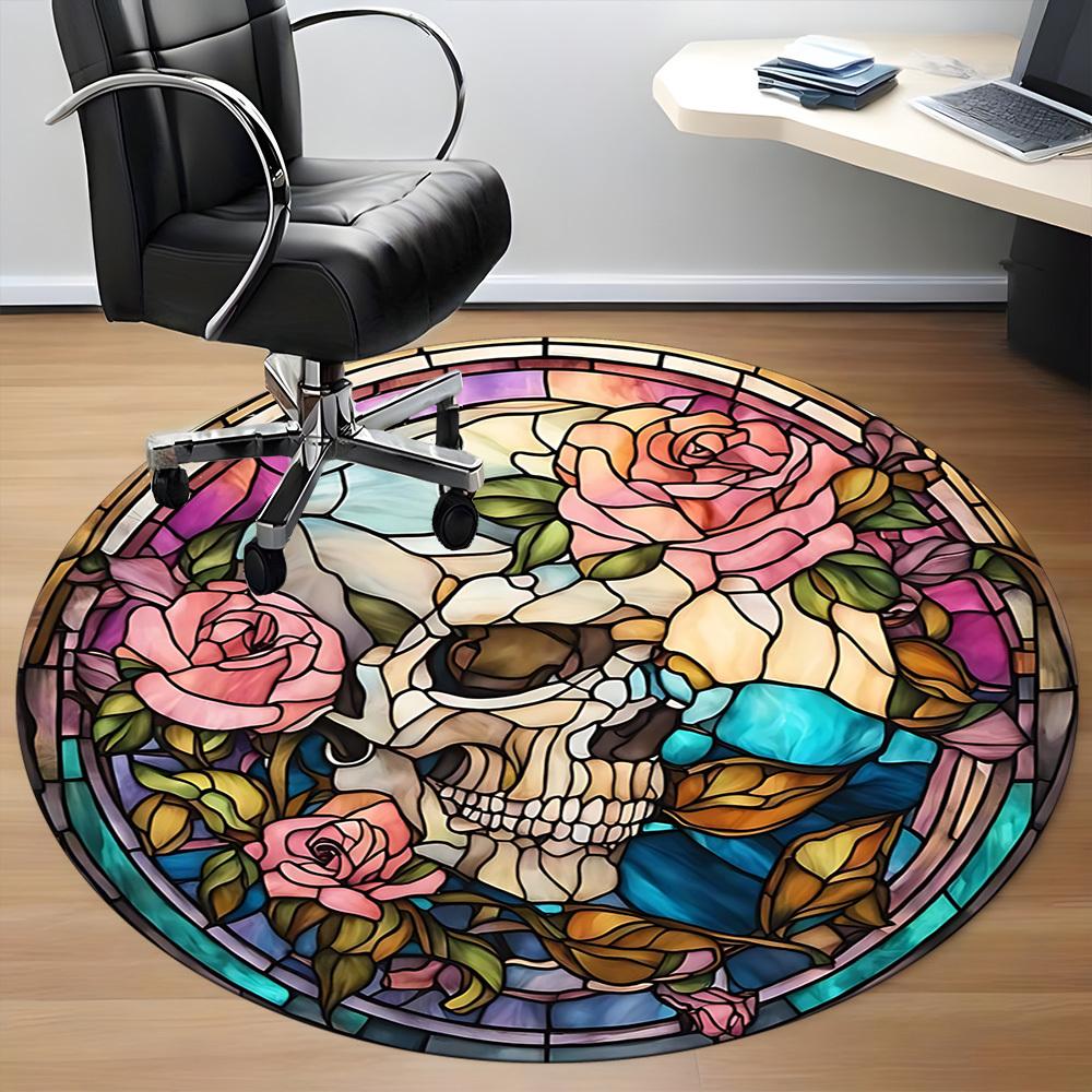 1pc Stained Glass Skull Roses Office Round Rug, Non-slip, Soft and Durable Office Rug for Interior Decoration, Perfect for Office yy260204027