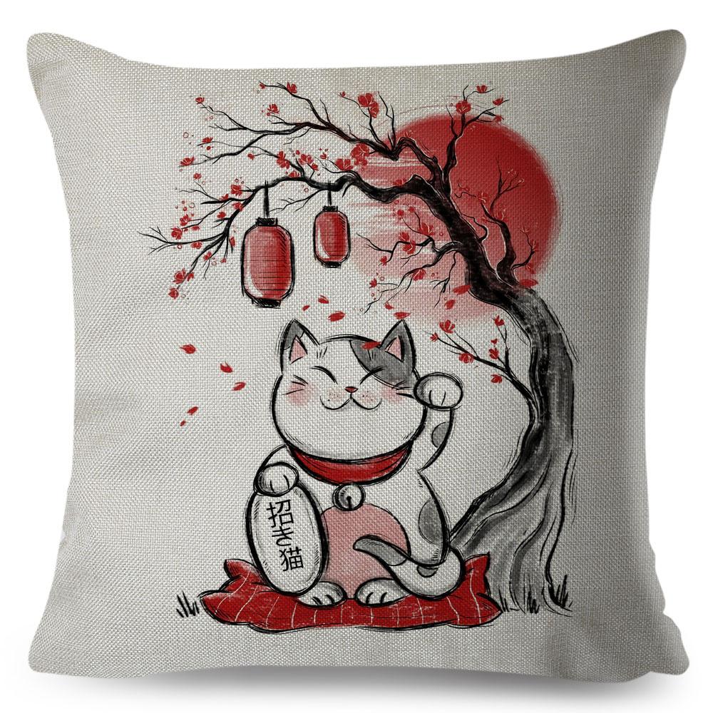 Japanese Style Ink Cushion Cover for Sofa Home Car Decor Beautiful Scenery Cat Girl Pillowcase Polyester Pillow Case 45x45cm