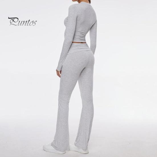 2 Pcs/Set Women Top Pants Suit Skinny High Waist O Neck Long Sleeves Pure Color Stretchy Soft Breathable Yoga Bell Bottoms T-shirt Set Spring Summer