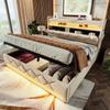 Upholstered Double Bed 140*200, Storage Headboard, USB and Type C Port, 360 Surround LED Head and Foot, Hydraulic Storage, Beige, Linen (No Mattress)