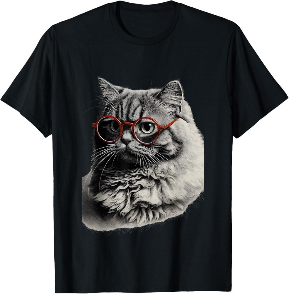 

Fluffy Cat with Glasses Detailed Feline Art Intellectual T-Shirt S