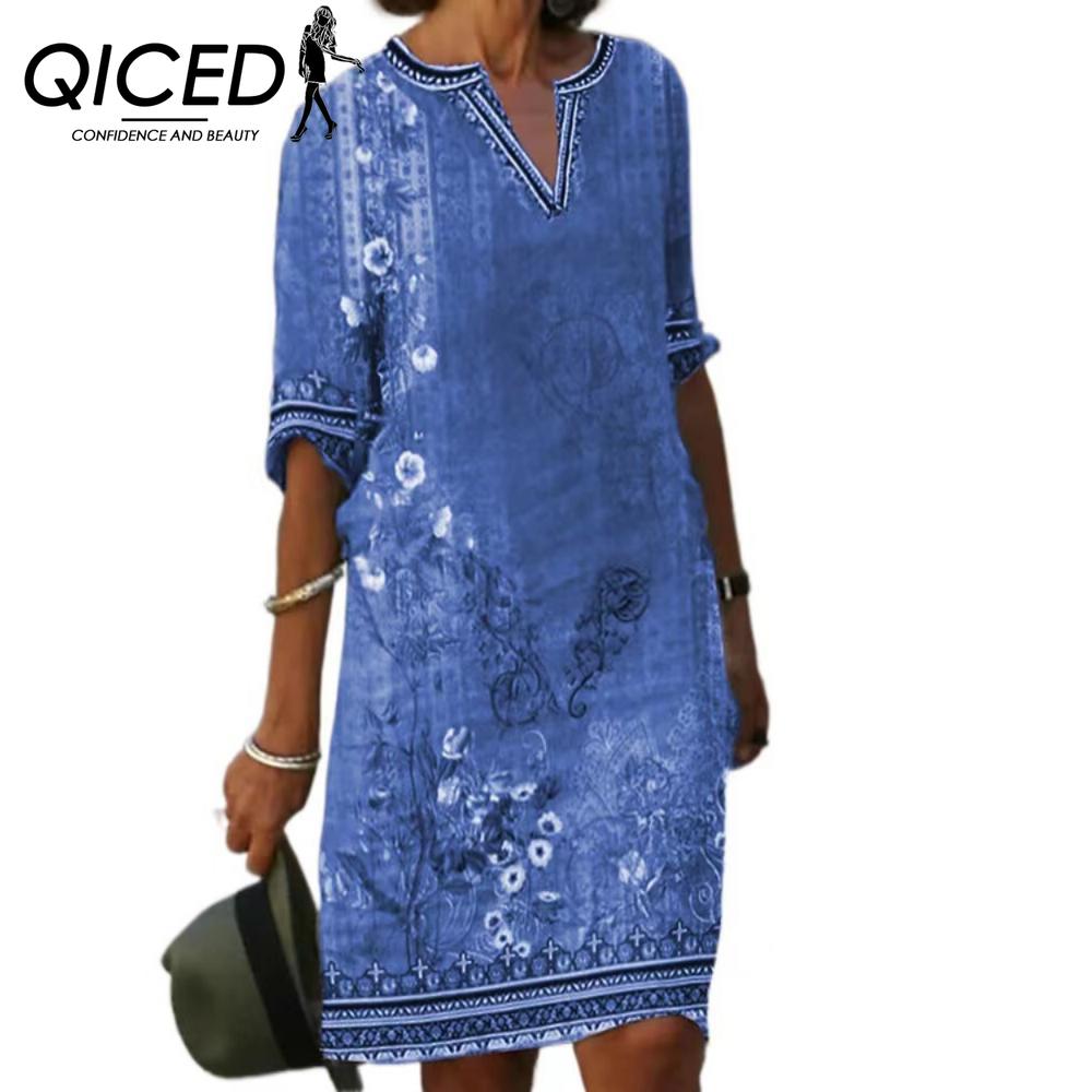 

QICED, новое женское трансграничное платье Amazon Temu из Европы и США, повседневное винтажное летнее платье с v-образным вырезом и короткими рукавами с принтом