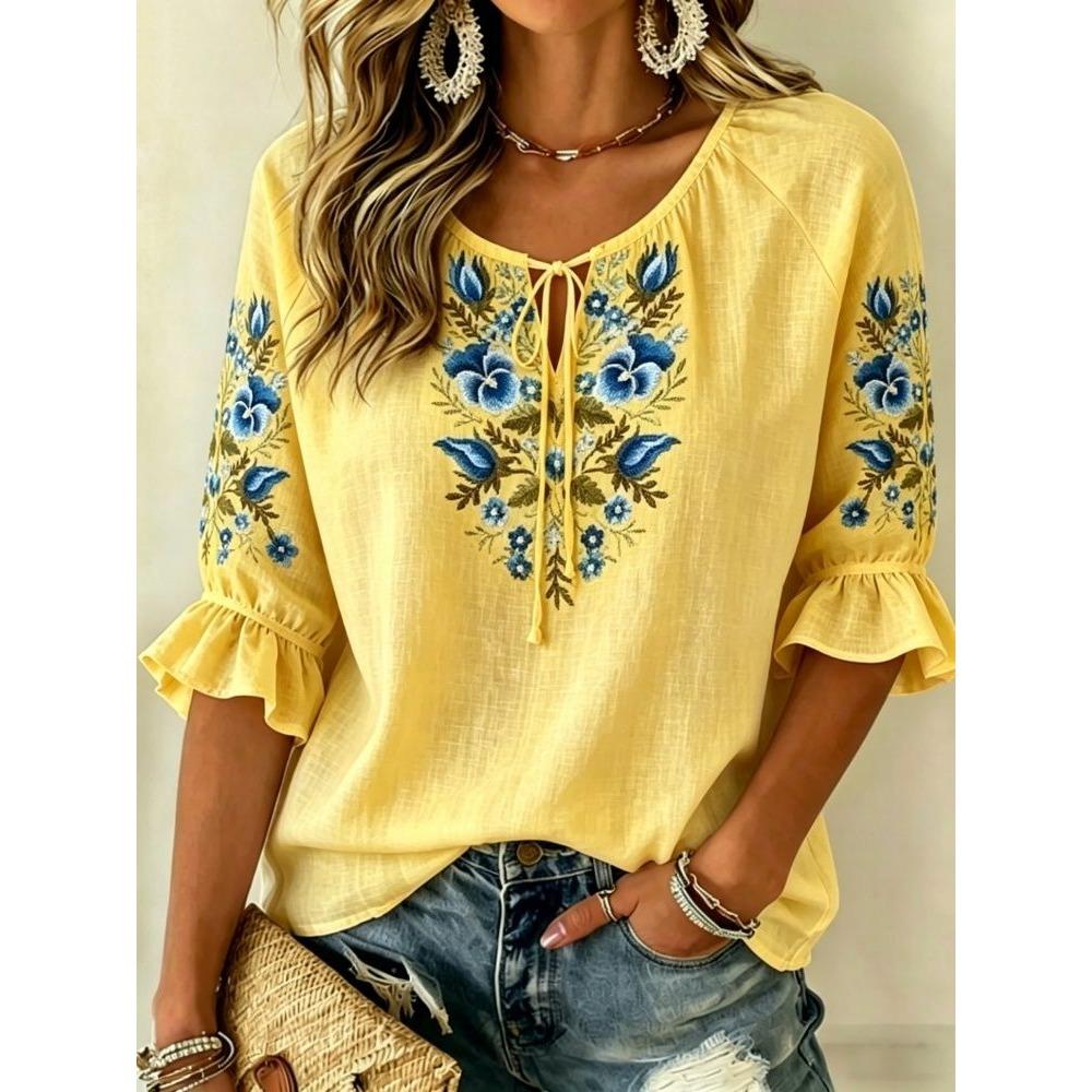 Women's Pink Floral Embroidered Tie Neck Blouse, Casual Loose Tops for Spring Summer Daily Wear & Vacation Occasions