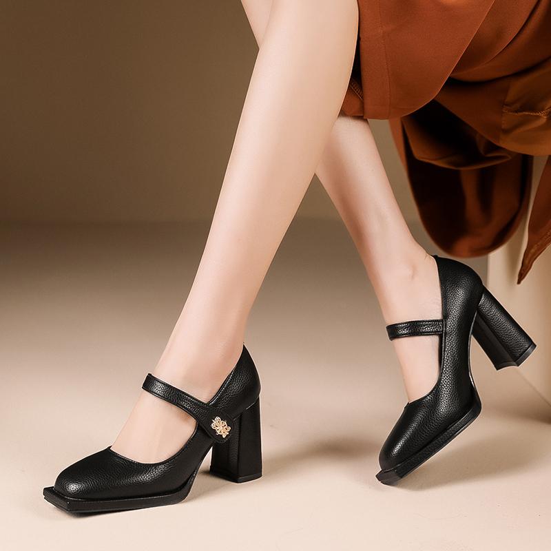 Silný podpatek Single Dámské Boty Jarní Square Head Plochý knoflík Měkká podrážka Mary Jane Dámské Boty Zapatos Para Mujeres