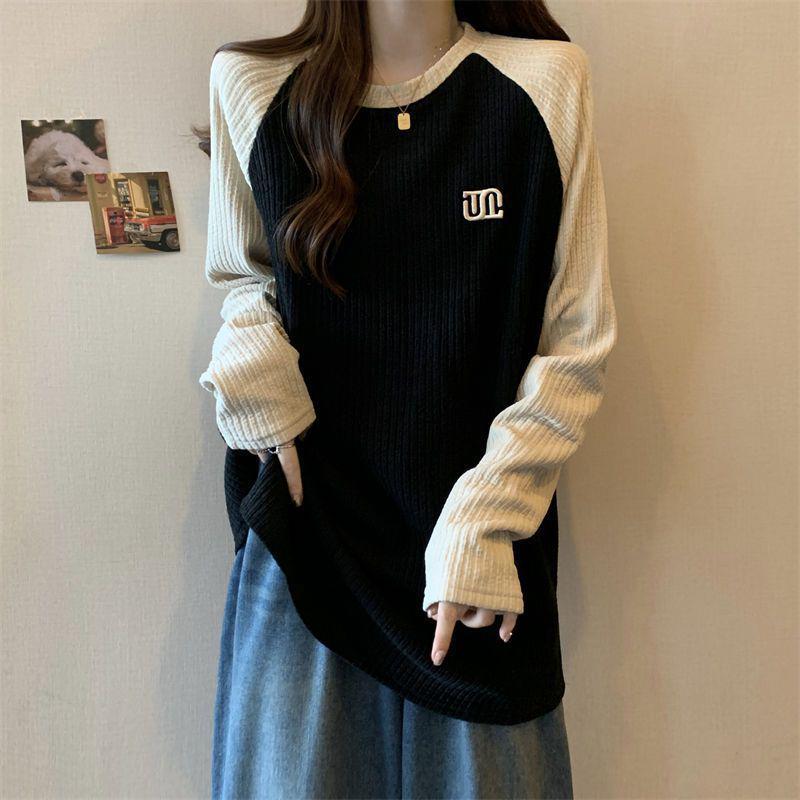 Women s Plus Size Ribbed Slimming Top - Autumn/Winter Color Block Long Sleeve M чёрный