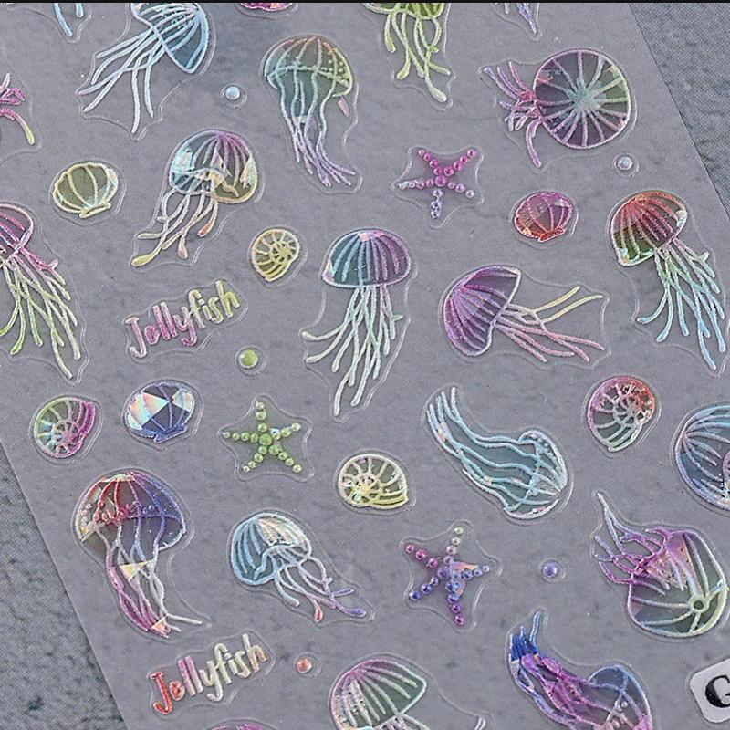Jellyfish Summer Beach Nail Stickers Colorful Shell Starfish Conch Fish Adhesive Sliders Embossed Decals Manicure Foils Decor
