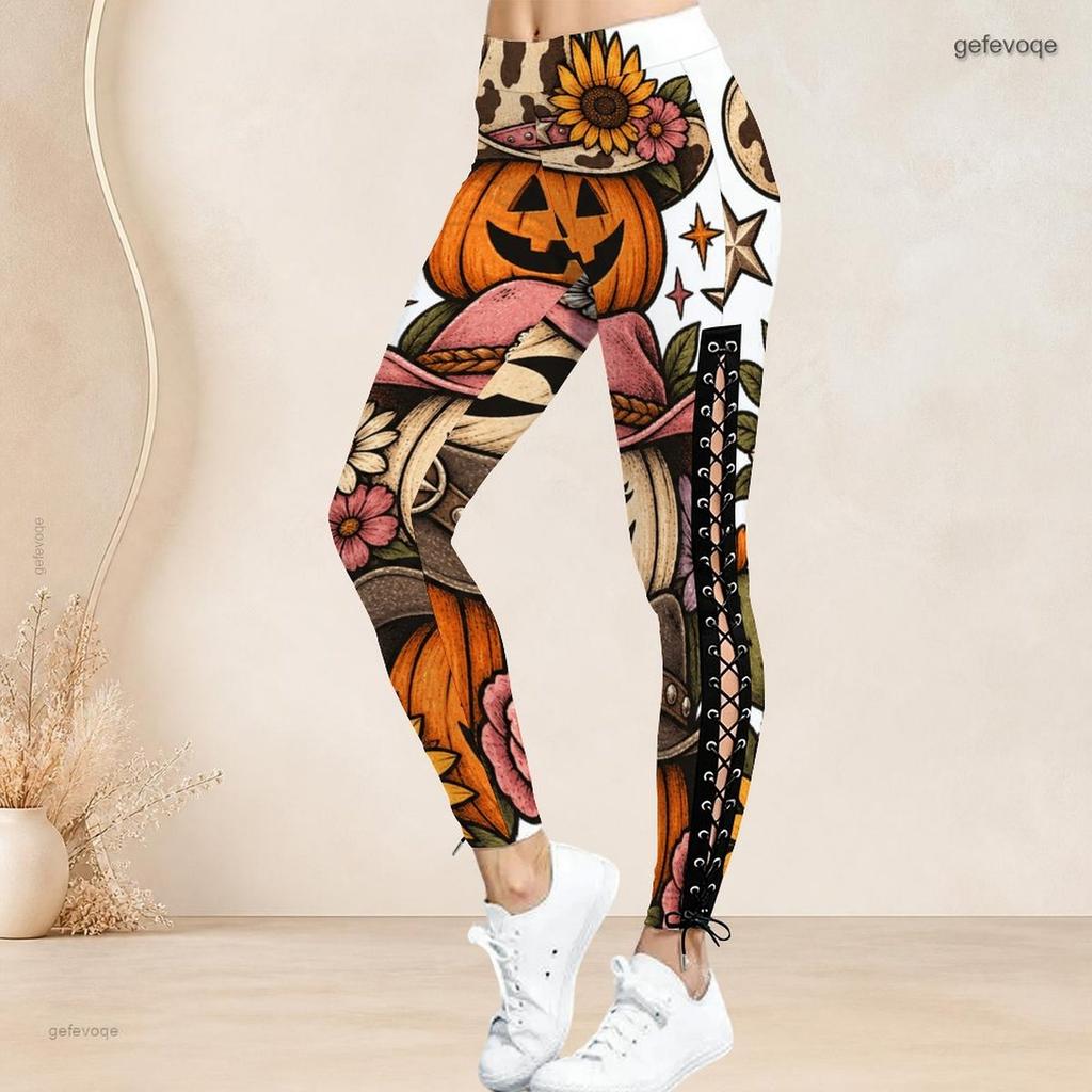 Women Plus Size High Waist Halloween Sloth Printed Side Eyelet Lace Up Full Length Fitted Leggings
