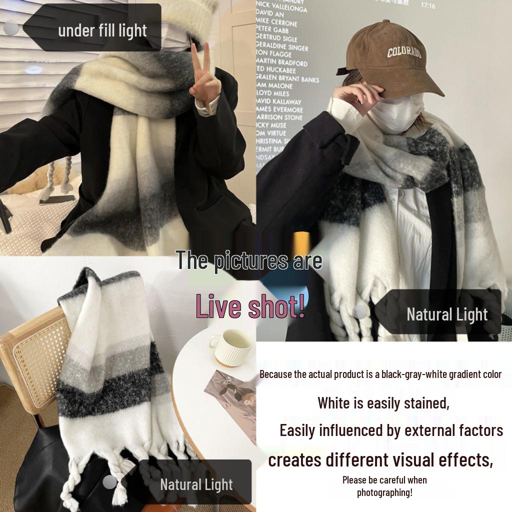 Luxuriöser Farbverlauf Mohair Patchwork Schal: Dicker, warmer Winter-Nackenschal für Damen, Schal im koreanischen Stil aus Imitat-Kaschmir.