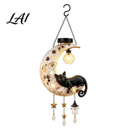 Outdoor Solar Hanging Lights Owl/Cat Moon Light Garden Wind Chime with LED Patio Decorative Accessories Waterproof Resin Lamp Auto On/Off