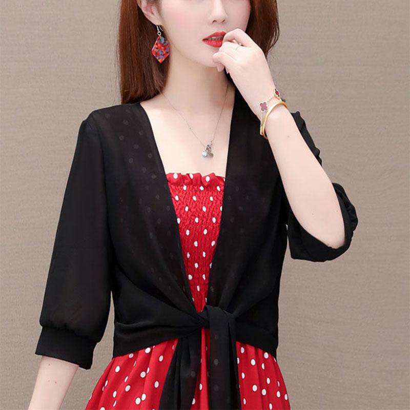 Shawl-style Top Women's All-match Short Chiffon Sunscreen Cardigan with A Thin Skirt