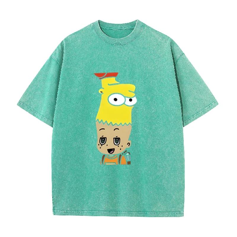 Mashup Cartoon Bart Simpson Print Vintage Washed T Shirt Black Casual Streetwear