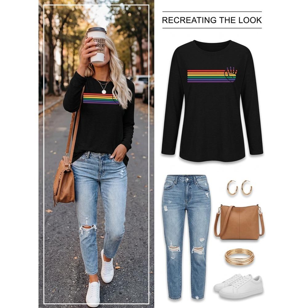 Women's fashionable long-sleeve printed crewneck T-shirt, ladies' autumn and winter casual long-sleeve shirts