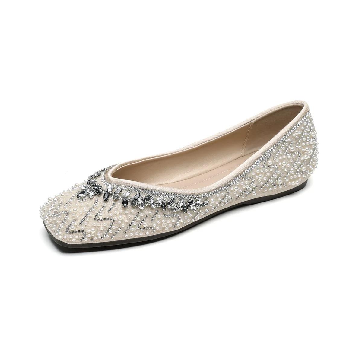 

Wewei Ladies Flat Head Single Shoes Soft Bottom Crystal Embellished Wedding Shoes Sweet Style Micro Fiber Upgraded Rubber 38
