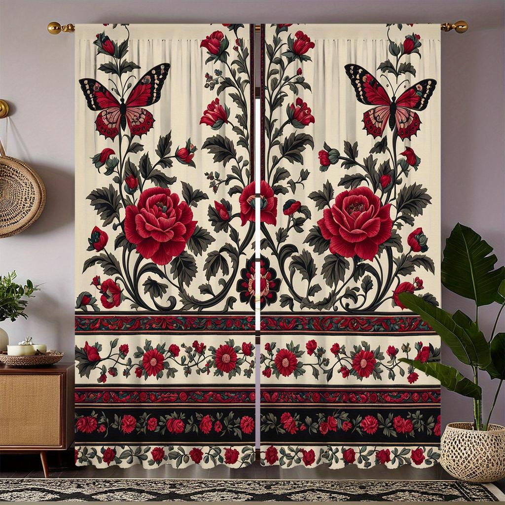 Set Of 2 Curtains Red Rose Butterfly Print Polyester Top Living Room Sheer Made Machine Washable Great Window Treatment