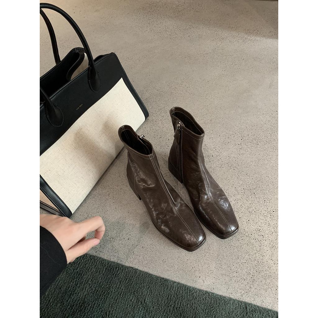 Seconds Hair~ Grape Mother, Korean Square Head Washed Horse Skin Thin Short Boots Thick Heel Thick Sole Small Ankle Boots Women's Autumn and Winter