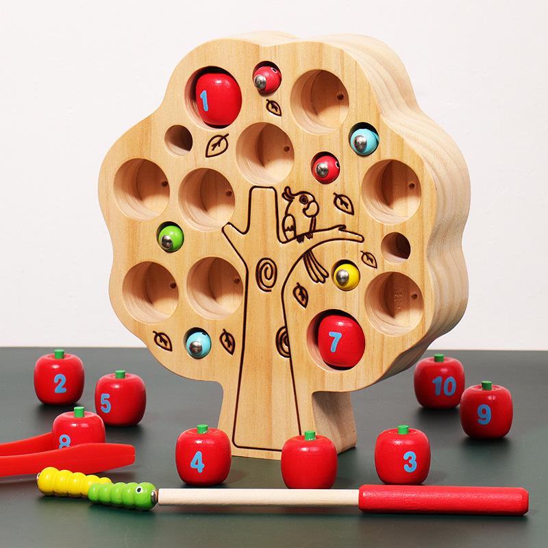 New Kids Wooden Magnetic Clip Apple Insect Catching Game Play Magnetic Early Education Baby Toys