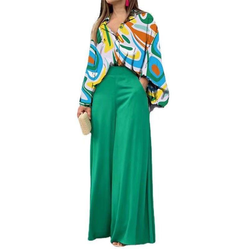 Casual Two Piece Sets Women Loose Casual Print Shirt Tops Loose Pants Two-piece Set