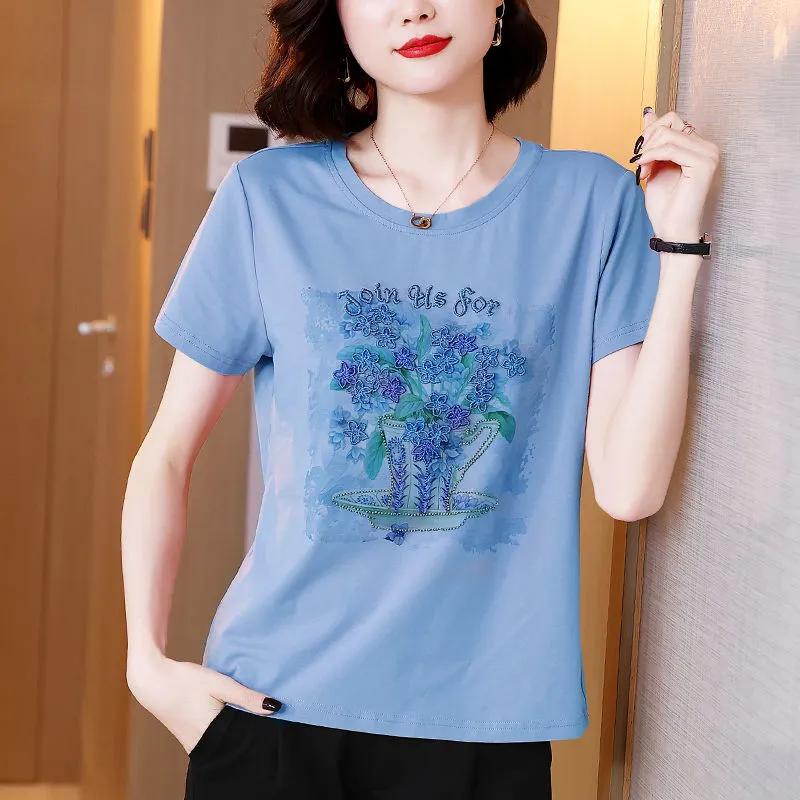Womens Crew Neck Floral Print Short Sleeve T-shirt Casual Loose Top L синий