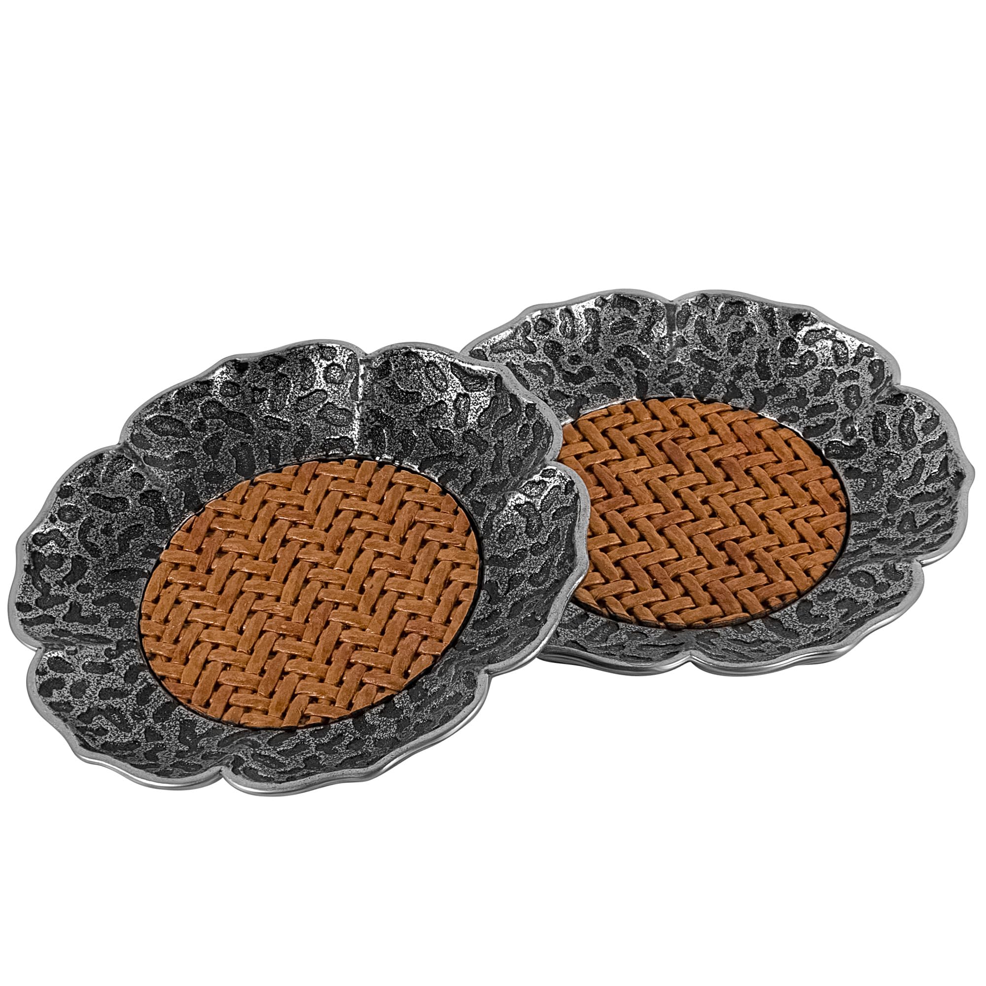

HannaFires S925 Silver Hammered Finish Coasters with Wisteria Woven Lotus Set of Tea Snack Kung Fu Tea Japanese Vintage Gift Idea Design, 2, Trays,