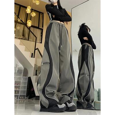 Y2K Line Design Pant Women Drawstring Pockets Wide Leg Chic Punk Pants Baggy Striped Sports Sweatpants Parachute Jogger Trousers