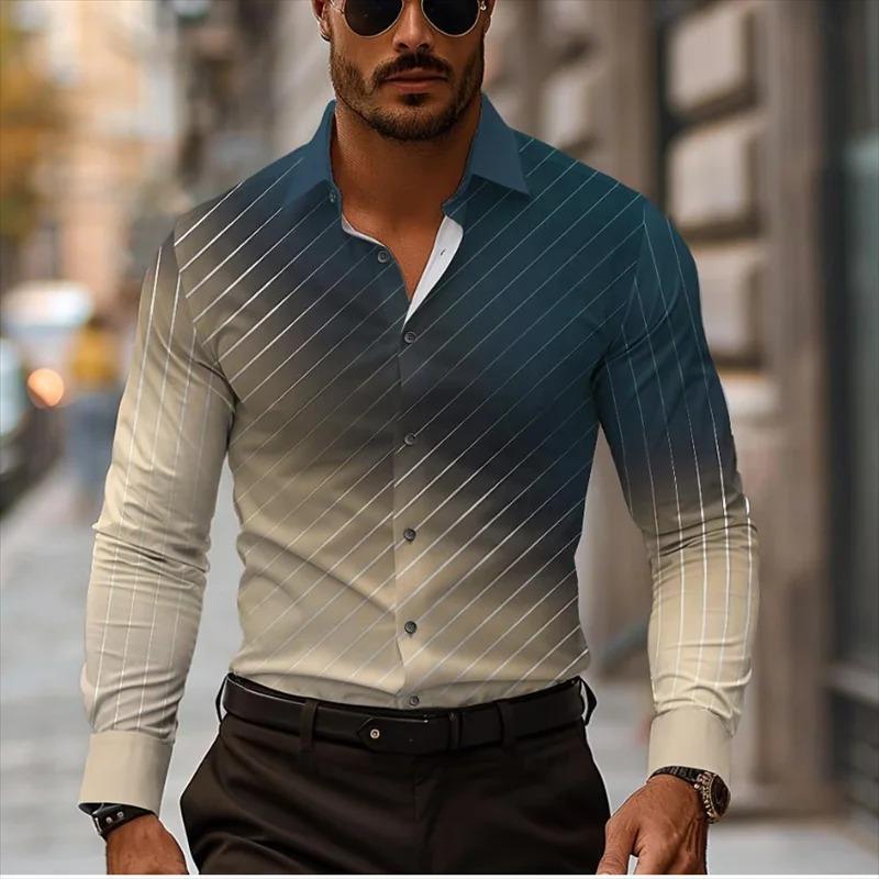 New Business Casual Men's Line 3D Printed Shirt Formal Spring and Summer Lapel Long-sleeved XS-5XL Stretch Fabric Shirt 2026