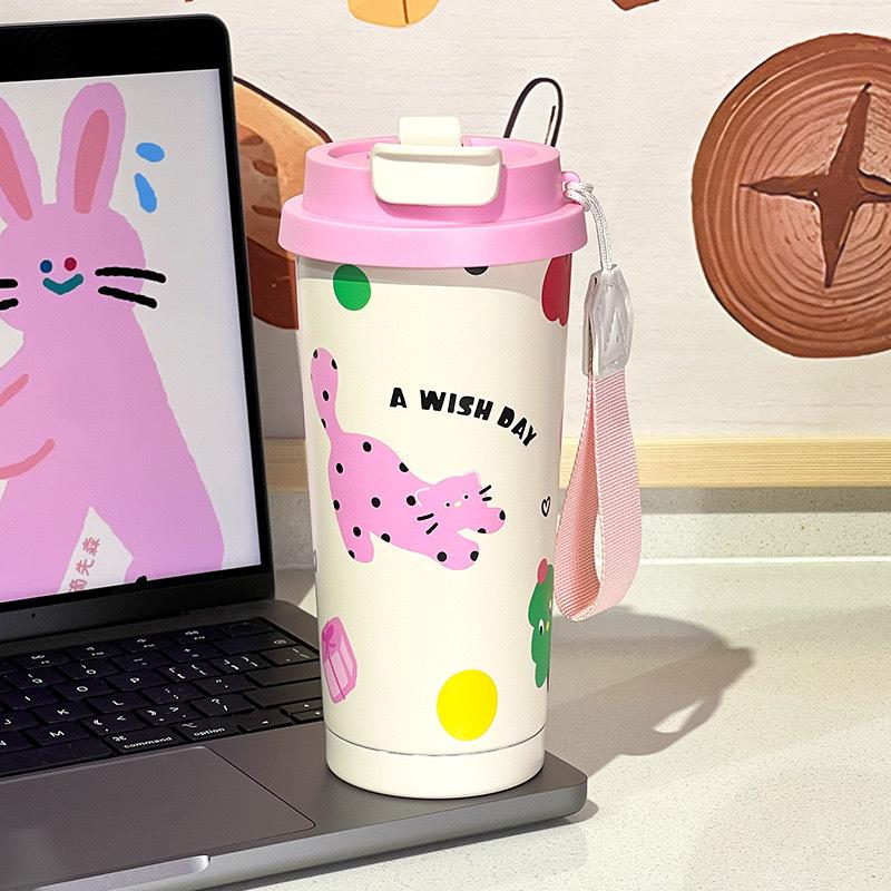 Girls ceramic liner coffee cup thermos cup 304 stainless steel water cup double drinking straw cup creative 500-750ml [Customizable pattern logo]
