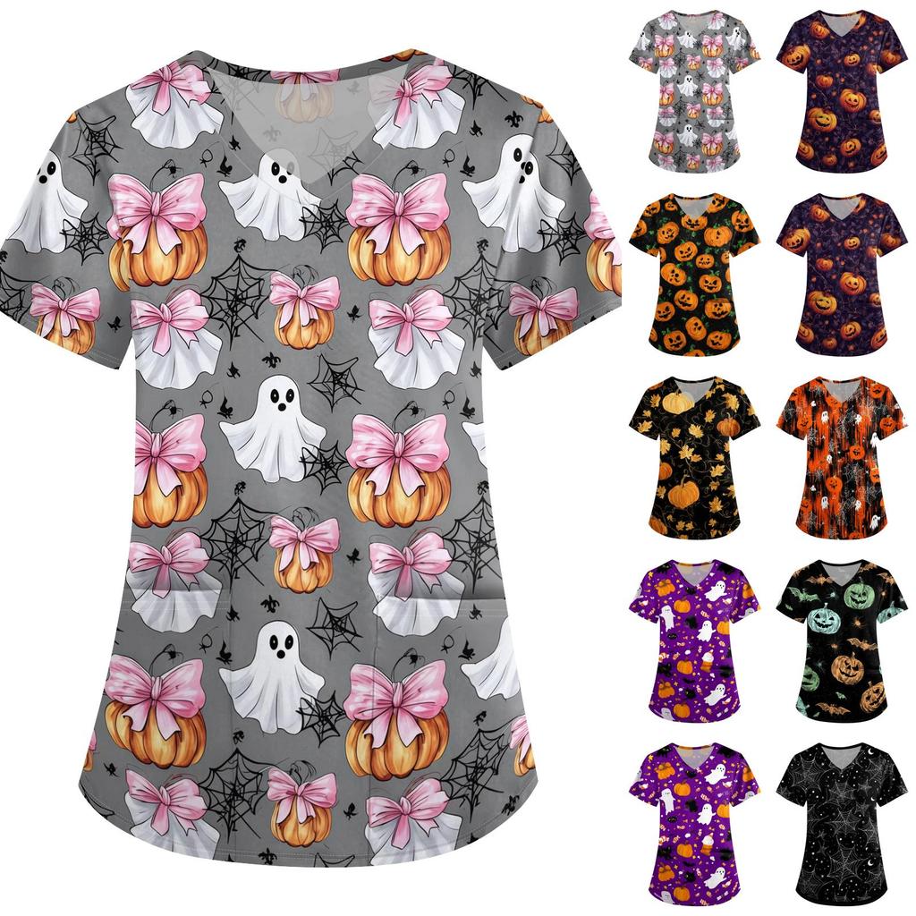 Women's Halloween Print Loose Fit V Neck Pocket Short Sleeve Medical Scrub Top Nurse Uniform Workwear