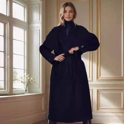Herbst- und Winterbekleidung für Damen plus langer Wollmantel über dem Knie, verdicktes Revers, superlanger, schmaler Trenchcoat