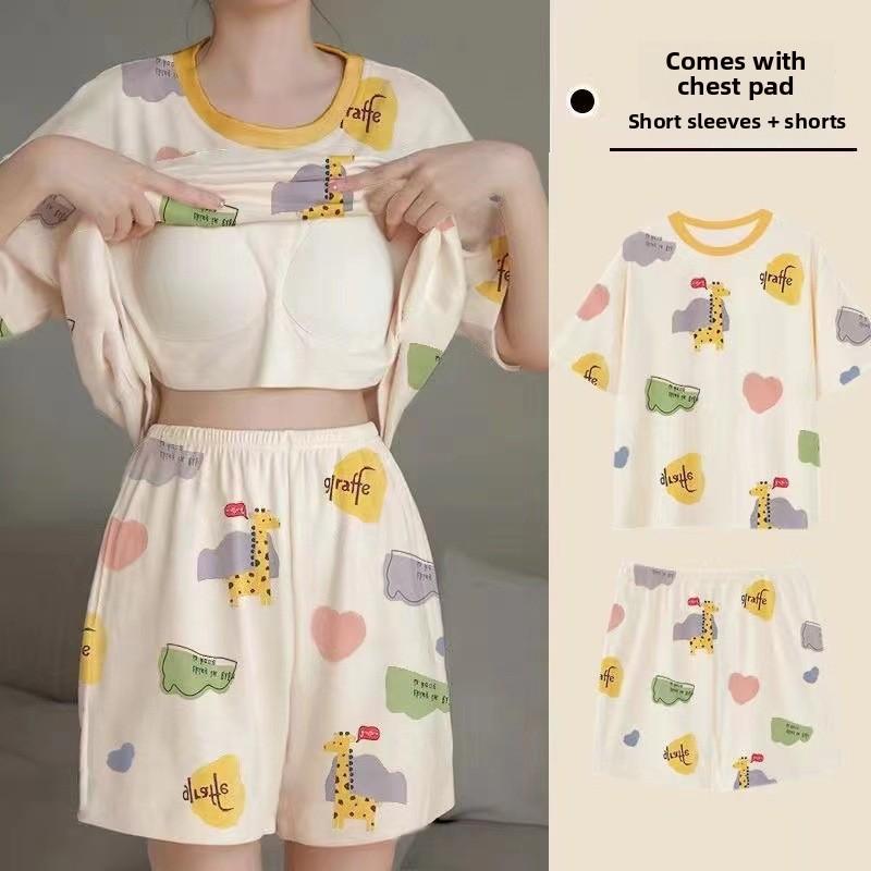 Cartoon Girl Summer Pajamas Set With Chest Padding For Sleep And Lounge Comfort