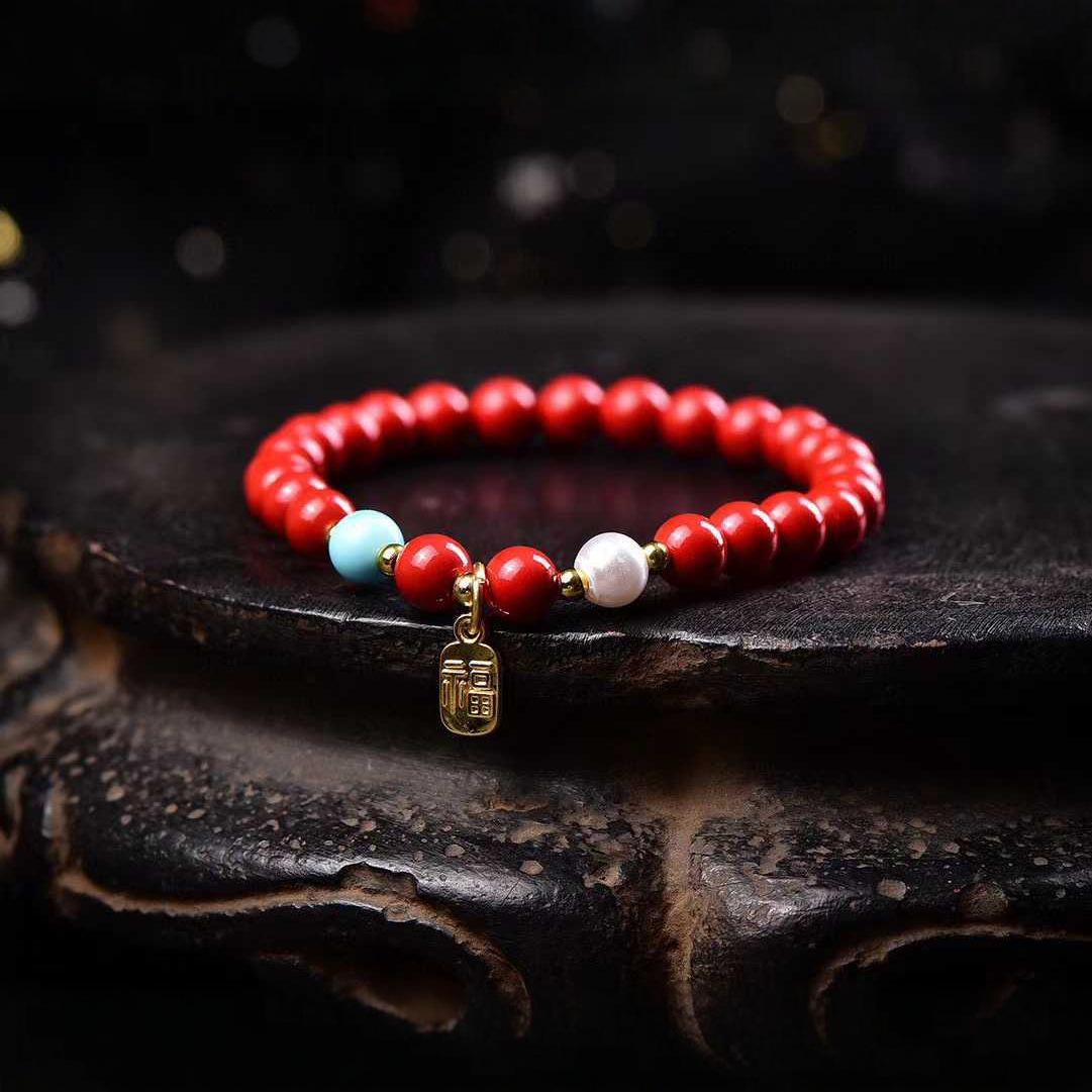 Zhu Shi Shuli Women s Cinnabar Benming Year Peace Pearl Bracelet Handcrafted