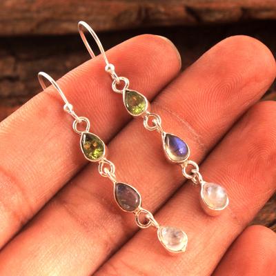 Orecchino pendente in argento con pietra di luna peridoto labradorite, gioielli fatti a mano, argento sterling 925, orecchino da donna