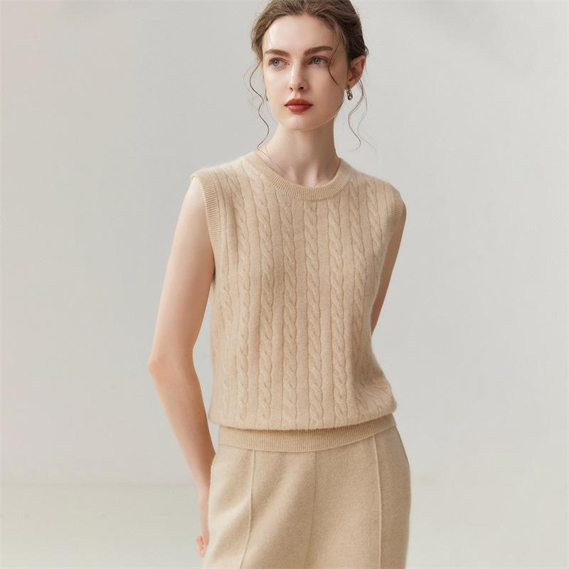 Lekasha Women's 100% Pure Cashmere Sleeveless Cable Knit Sweater for Autumn & Winter