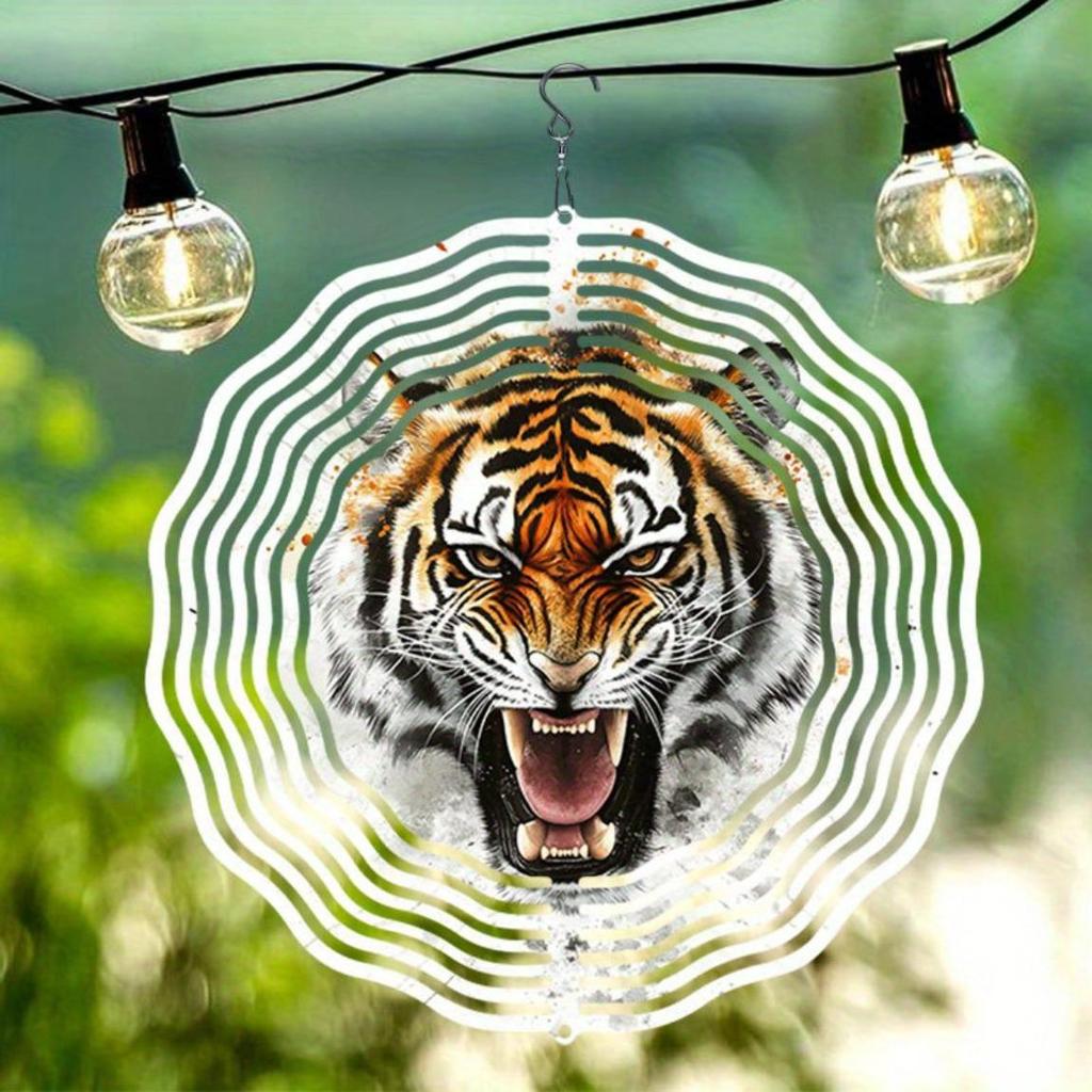 2D Metal Wind Spinner Garden Patio Decoration Charming Fierce Tiger Pattern Outdoor Wind Chime for Thanksgiving Christmas Holiday