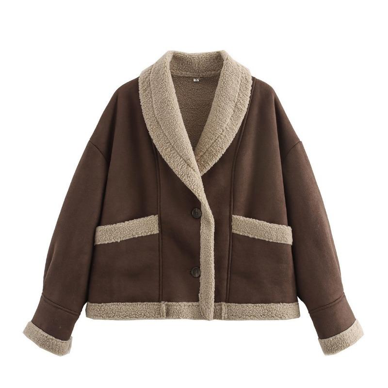 Women's Faux Suede Leather Jackets Flip Collar Fleece Lining Loose Fur One-piece Top Vintage European Style Coat Autumn and Winter