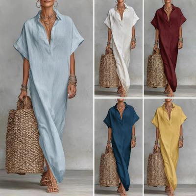 Summer Cotton Linen Dress for Women Short Sleeve Button Up Long Dress Casual Loose Beach Tunic Sundress