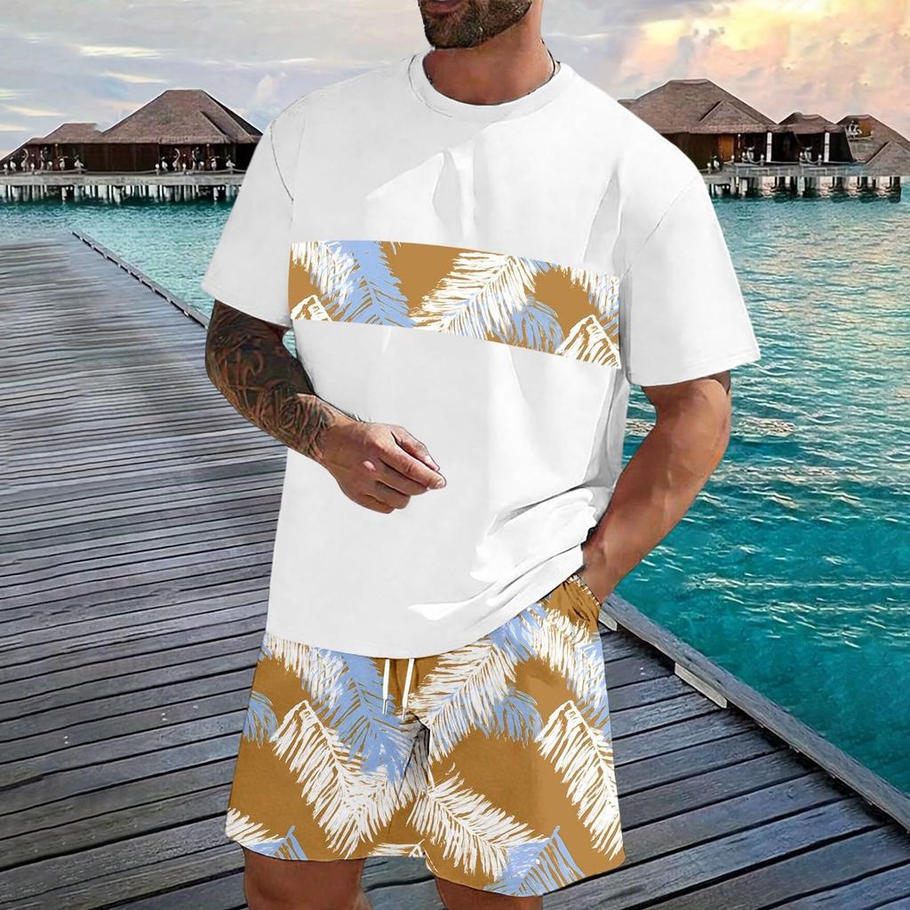 Men's Casual Two Piece Set Short Sleeve T Shirt and Elastic Waist Drawstring Shorts Summer Outfit Lightweight Comfortable Fit