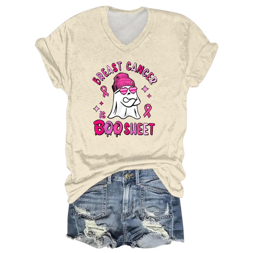 Ladies' Casual Halloween Printed V-Neck Short Sleeved T-Shirt