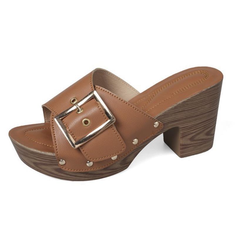 Large size thick high-heeled slippers women's summer new belt buckle fashion Xiyin sandals women