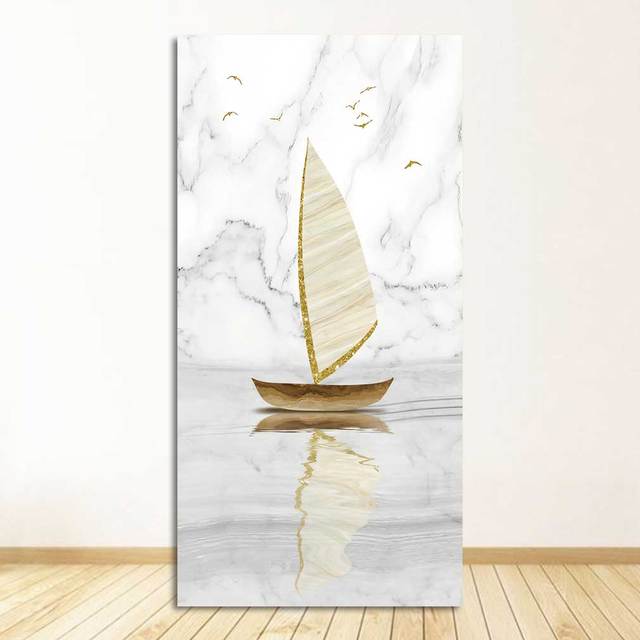 Painting Minimalist Landscape Poster Print Nordic Wall Art Picture Entrance Decoration Abstract Golden Sailing Boat Canvas