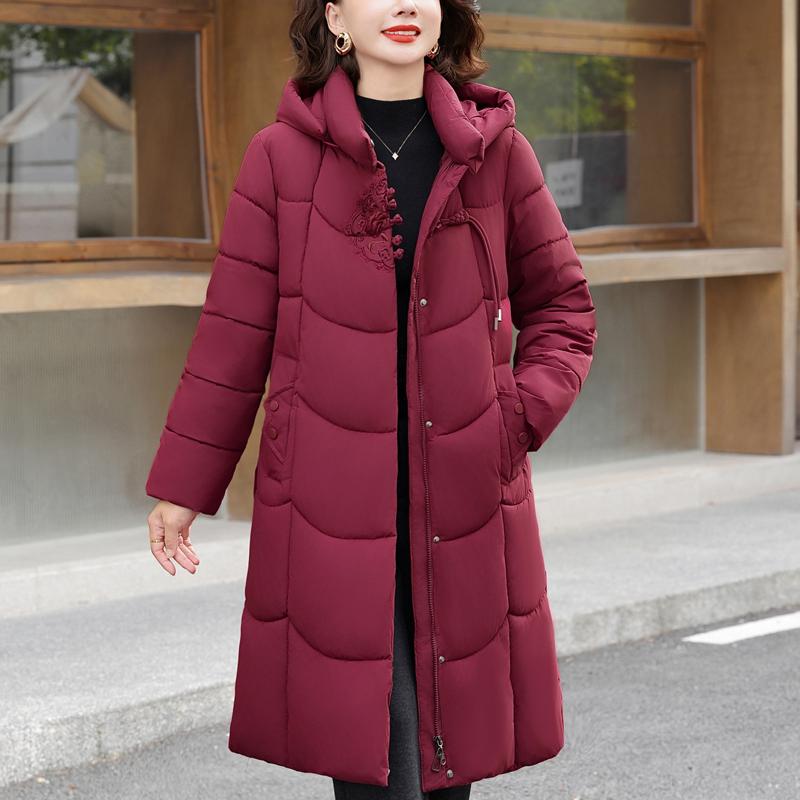 Plus Size XL-6XL Middle Age Women Winter Long Coats Hooded Elegant Thick Warm Embroidery Parkas Female Jackets
