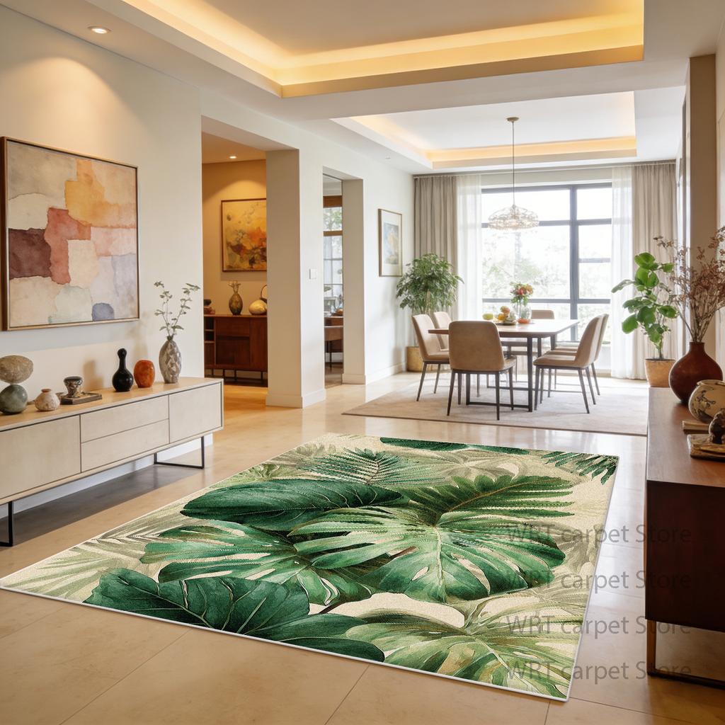 Tropical Plant Living Room Dining Room Area Rugs Green Decoration Machine Washable Rug Patio Foldable Antiskid Floor Mat Fluffy