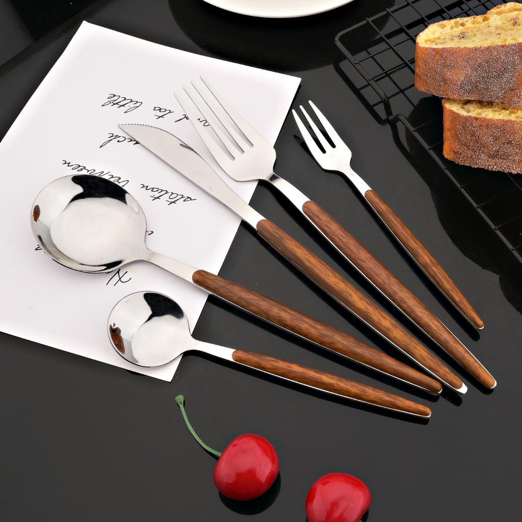 Conjunto de talheres de aço inoxidável premium de 20 peças - cabo de madeira ergonômico, polido espelhado, serviço para 4