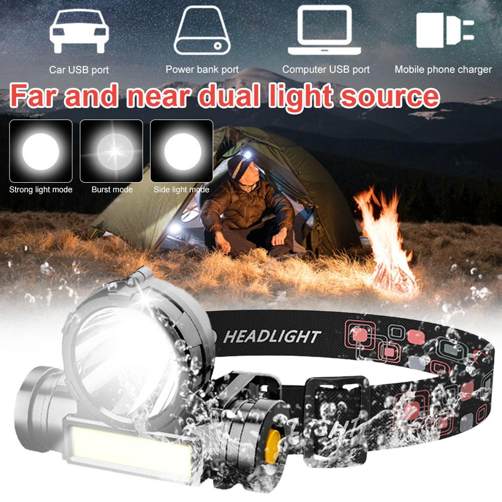Faro LED ricaricabile tramite USB COB, luce da campeggio per esterni, torcia elettrica portatile, torcia da testa per la pesca, luci da lavoro potenti