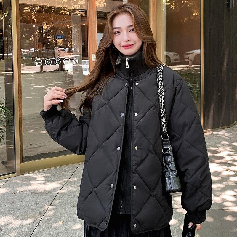 Damen-Parka aus lockerer Baumwolle für Studenten, schwarzer Stehkragen-Outwear-Mantel