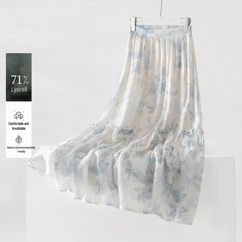 IHIMI French Style Lyocell Floral A-Line Midi Skirt L