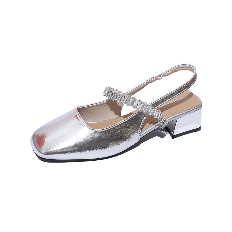 Square head soft leather bag head empty sandals women's thick heel spring and summer new fashion rhinestone comfortable middle heel Mary Jane