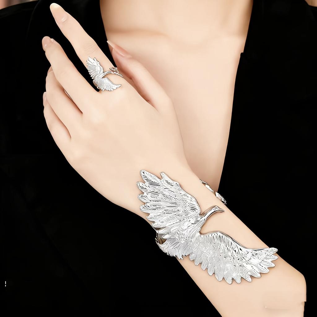 Individuality Exaggerated Punk Style Designed Eagle Open Ring Glossy Ring, Niche Retro Floral Geometric Jewelry Set